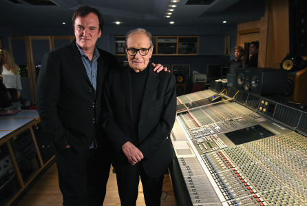 LONDON, ENGLAND - DECEMBER 09:  Quentin Tarantino and Ennio Morricone pictured inside the control room at Abbey Road Studios ahead of the Live to Lathe Limited Edition Recording of the H8ful Eight Soundtrack on December 9, 2015 in London, England.  (Photo by Kevin Mazur/Getty Images for Universal Music) *** Local Caption *** Quentin Tarantino; Ennio Morricone