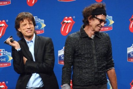 Mick Jagger and Keith Richards of the Rolling Stones during a press conference for the Super Bowl XL half time show at the Renaissance Center, in Detroit, Michigan on February (Photo by Theo Wargo/Getty Images)